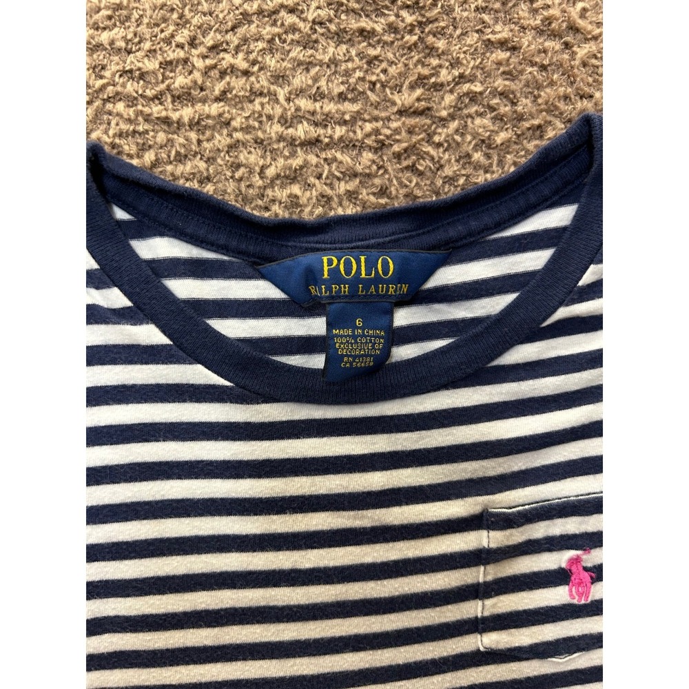Polo Ralph Lauren Girls Navy White Striped Eyelet Ruffle Hem Dress Size 6 - Picture 3 of 5